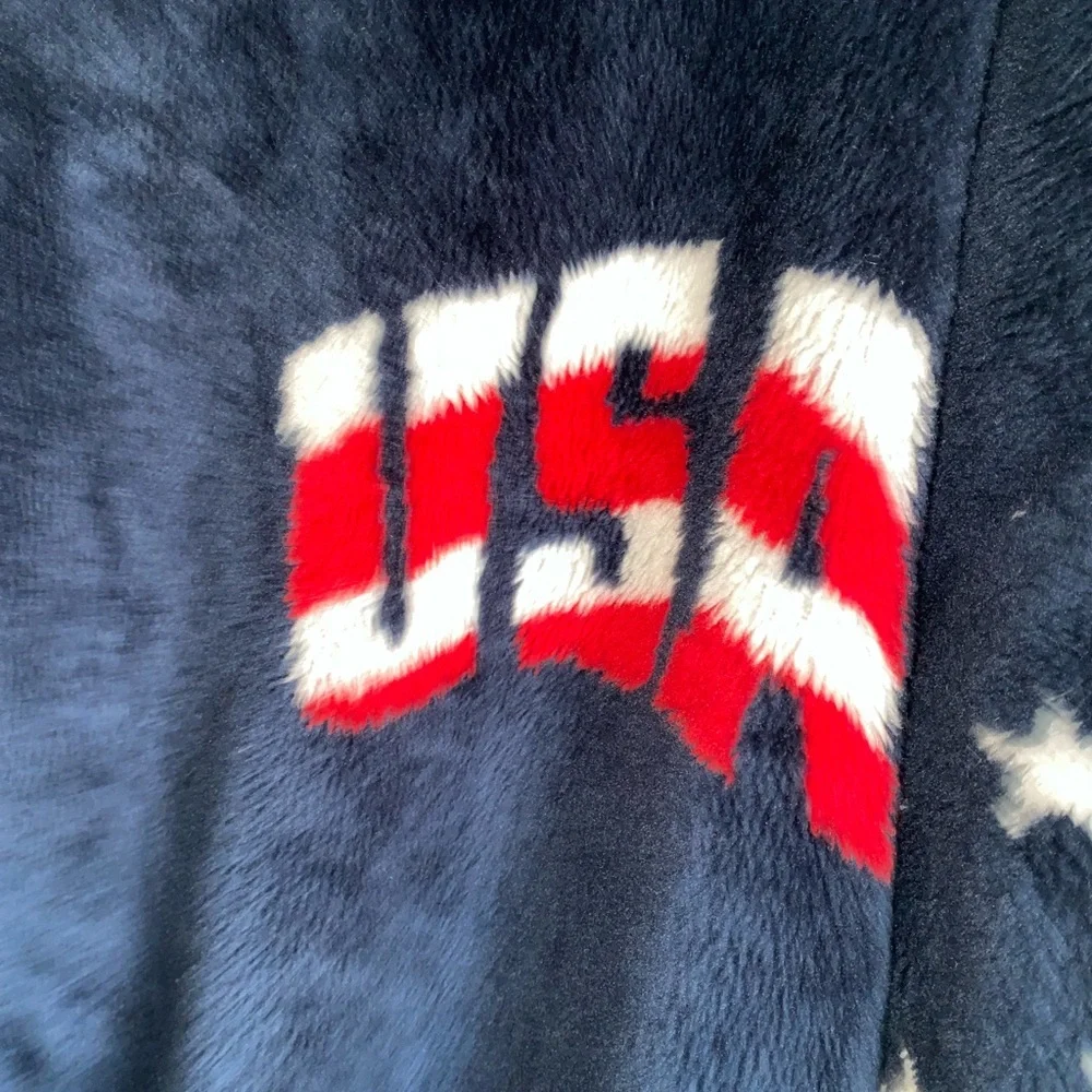 Vintage USA Logo Flag Patriotic Fleece Red White Blue Zip Up Graphic Jacket L
